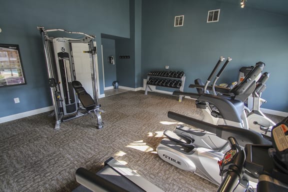 This is a photo of the fitness center workout machines and free weights at Woodbridge Apartments in Dallas, TX.