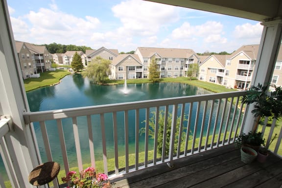This is a photo looking over Nantucket from the balcony of the 1 bedroom Clipper floor plan at Nantucket Apartments in Loveland, OH.