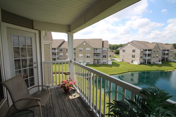 This is a photo looking over Nantucket from the balcony of the 1 bedroom Clipper floor plan at Nantucket Apartments in Loveland, OH.