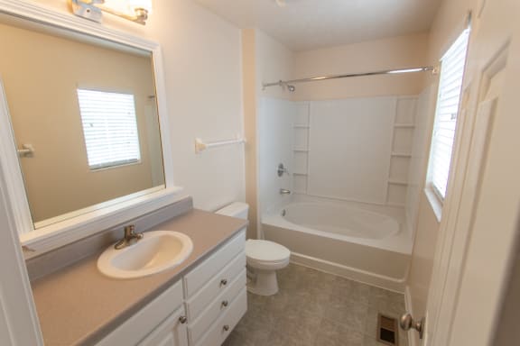 This is a photo of the master bathroom in the 1578 square foot, 3 bedroom Flagship floor plan at Nantucket Apartments in Loveland, OH.