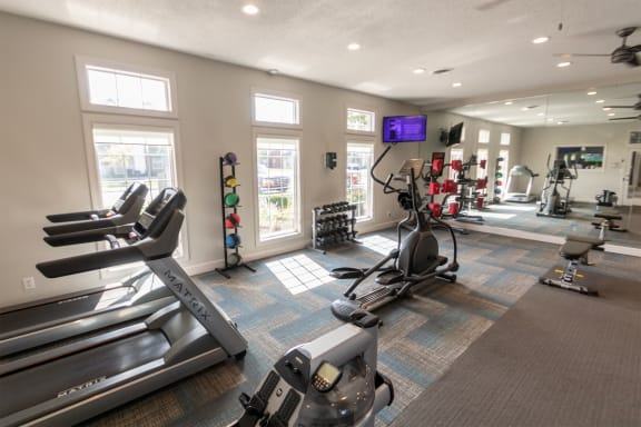 This is a photo of the 24-hour fitness center in the resident clubhouse at the Sanctuary at Fishers Apartments in Fishers, IN.