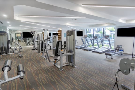 Fitness club with state-of-the-art cardio equipment and free weights at Alameda West, Miami, 33144
