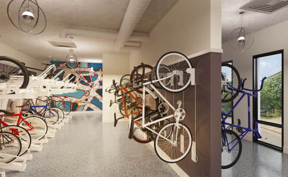 Bike storage and work station  at Link Apartments® Montford, Charlotte, North Carolina