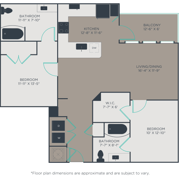 Two bedroom 2 bathroom floor plan B2-A at Link Apartments® Broad Ave, Tennessee
