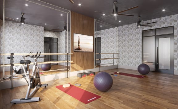 Spacious apartment training studio with ballet bar, bike, yoga mat, and yoga ball in Winston-Salem's business district