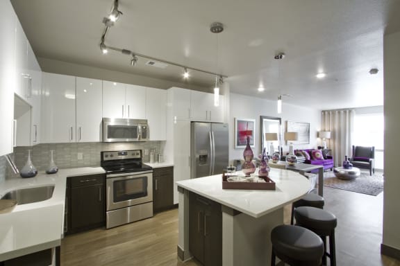 Kitchen with white cabinets and stainless steel appliances and living room area from the front door
