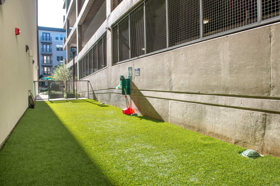Outdoor dog park with grass and trash can in-between parking garage and building