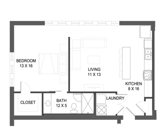 1 bedroom 1 bathroom Floor plan E 1 bedroom 1 bathroom Floor plan E at The Mobile Lofts, Mobile, AL