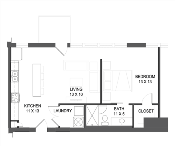 1 bedroom 1 bathroom Floor plan C 1 bedroom 1 bathroom Floor plan C at The Mobile Lofts, Mobile, AL, 36604