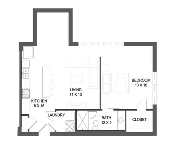 1 bedroom 1 bathroom Floor plan I 1 bedroom 1 bathroom Floor plan I at The Mobile Lofts, Mobile, AL, 36604
