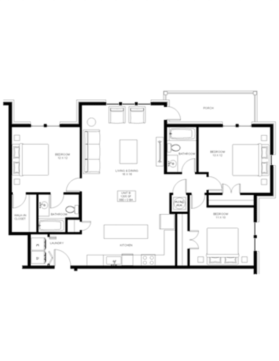 3 bedroom 2 bathroom Floor plan A 3 bedroom 2 bathroom Floor plan A at The Mobile Lofts, Alabama
