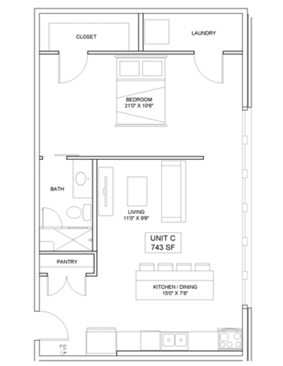 1 bedroom 1 bathroom Floor plan Q 1 bedroom 1 bathroom Floor plan Q at The Mobile Lofts, Mobile, 36604