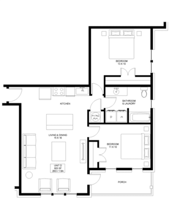 2 bedroom 1 bathroom Floor plan D 2 bedroom 1 bathroom Floor plan D at The Mobile Lofts, Mobile, 36604