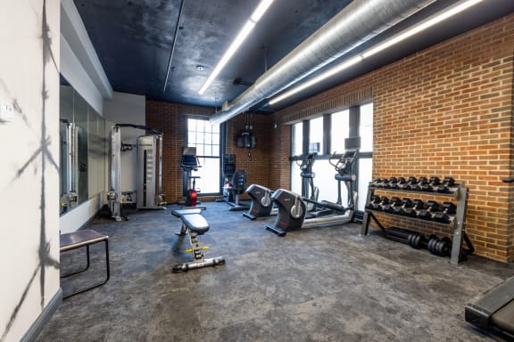 Fitness Center With Modern Equipment at Harness Factory Lofts and Apartments, Indianapolis