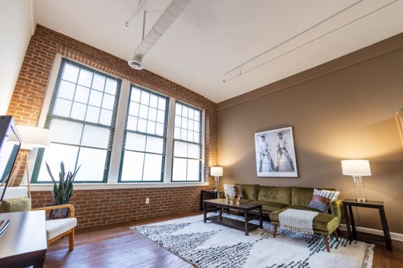 Living Room With Plenty Of Natural Light at Harness Factory Lofts and Apartments, Indianapolis, 46204