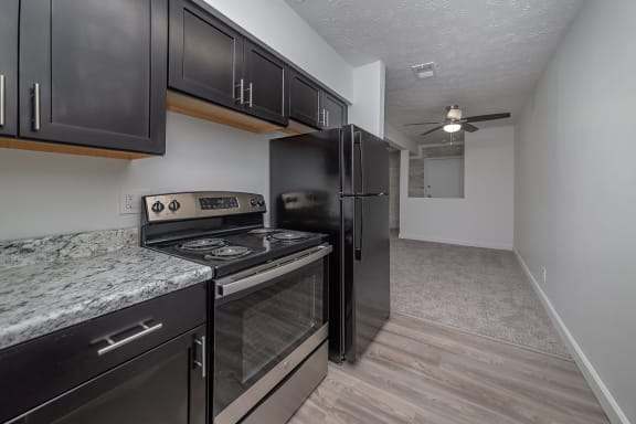 Updated Kitchen With Black Appliances at Millcroft Apartments and Townhomes, Milford, Ohio