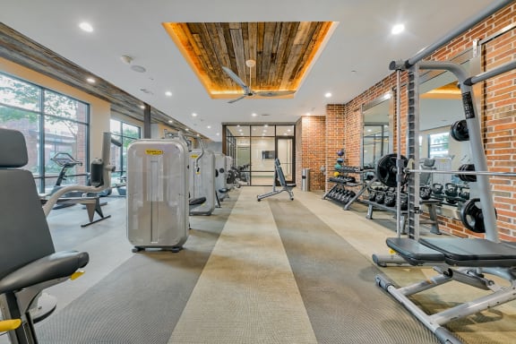 Workout equipment in fitness center at Windsor Fitzhugh, 4926 Mission Avenue, Dallas