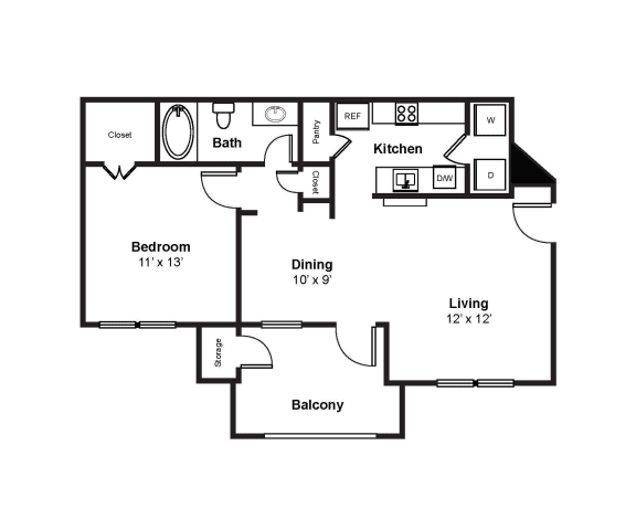 1 Bedroom 1 Bath Floor Plan 1 Bedroom 1 Bath Floor Plan at Windsor Westbridge, 2300 Marsh Lane, TX