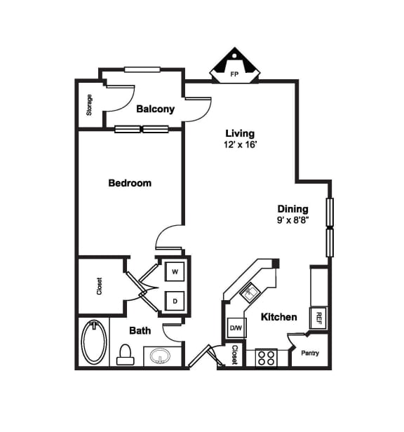 One Bedroom One Bath Floor Plan One Bedroom One Bath Floor Plan at Windsor Westbridge, 2300 Marsh Lane, Carrollton
