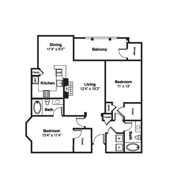 2 Bedroom 2 Bathroom Floor Plan 2 Bedroom 2 Bathroom Floor Plan at Windsor Westbridge, 2300 Marsh Lane, Carrollton