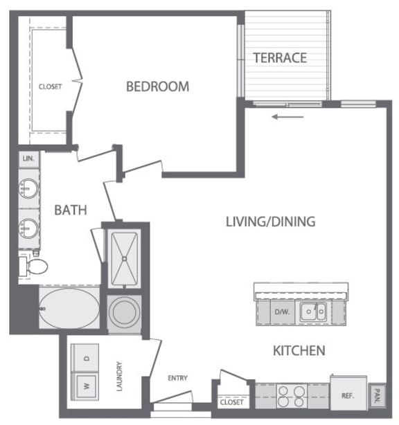 E - 1 Bedroom 1 Bath Floorplan at Windsor at Cambridge Park