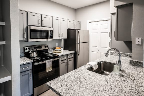 Renovated Kitchen with Granite Countertops, Stainless-Steel Appliances and Grey Cabinetry  The Moorings Apartments, League City TX 77573