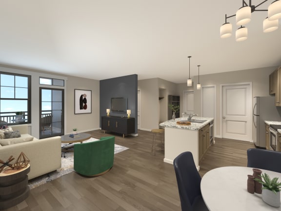rendering of living room and kitchen.  Kitchen has an island with light granite countertops. Plank wood-like flooring throughout.  Large window and door out to the patio. Stainless steel appliances.