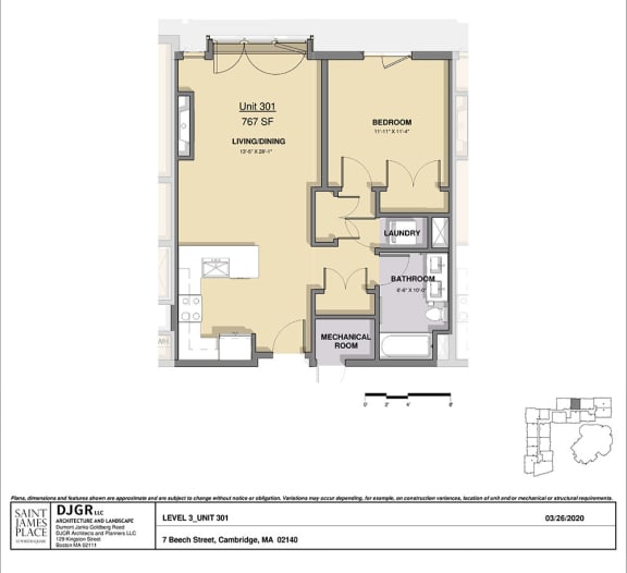 1 Bedroom, 1 Bathroom Condo Layout K 1 Bedroom, 1 Bathroom Condo Layout K at Saint James Place, Cambridge, MA, 02140