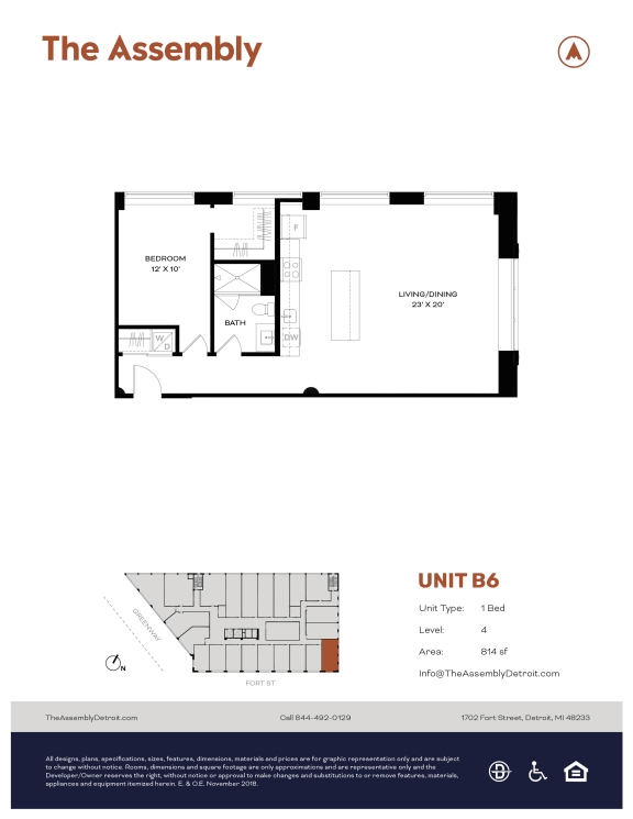 1 Bedroom 1 Bathroom B Floor plan 1 Bedroom 1 Bathroom B Floor plan at The Assembly, Michigan, 48216