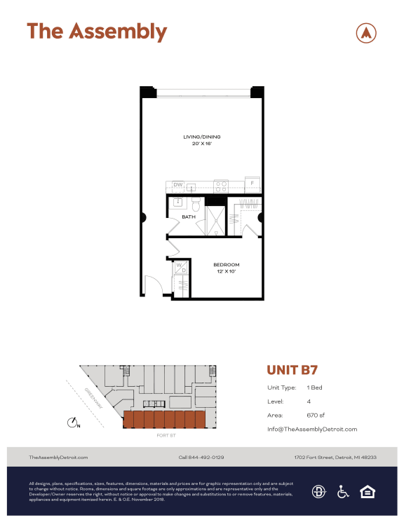 1 Bedroom 1 Bathroom C Floor plan 1 Bedroom 1 Bathroom C Floor plan at The Assembly, Detroit, MI, 48216
