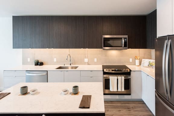 Kitchen With White Counter tops, Dark Cabinetry, and stainless steel appliances at 10 Clay Apartments in Seattle, Washington