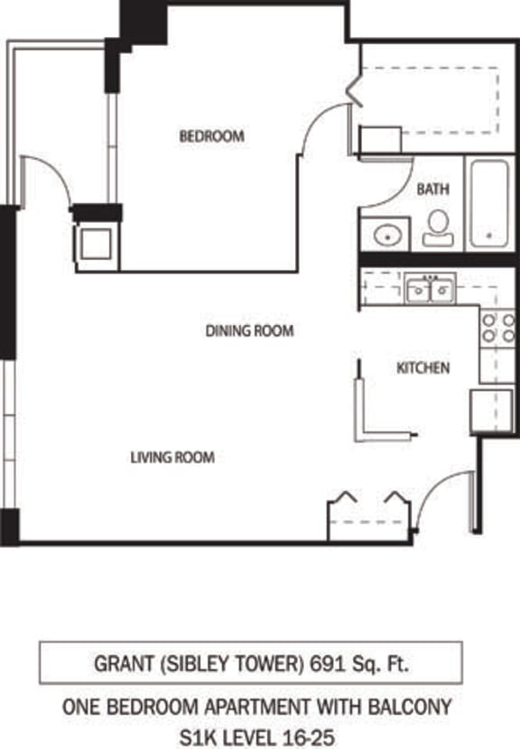 Galtier Towers Grant Floor Plan Galtier Towers Apartments in Lowertown, St. Paul, MN 1 Bedroom 1 Bath Apartment