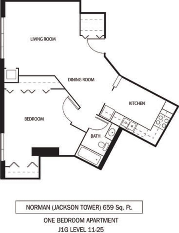 Galtier Towers Norman Floor Plan Galtier Towers Apartments in Lowertown, St. Paul, MN 1 Bedroom 1 Bath Apartment