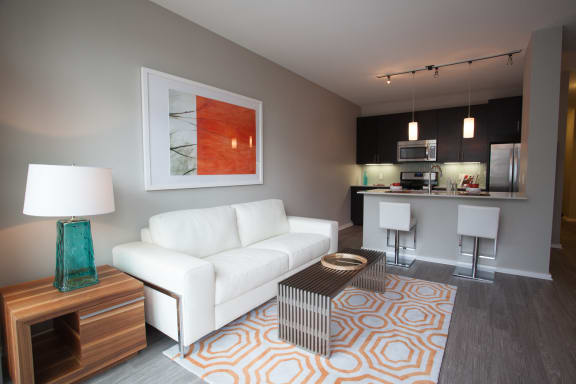 spacious and modern living room at Catalyst, Chicago, IL,60661