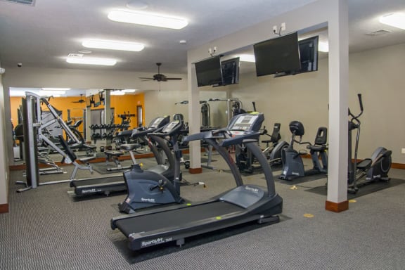 Workout equipment and machines in the 24 hour fitness center at The Villas of Omaha at Butler Ridge in Omaha, Nebraska