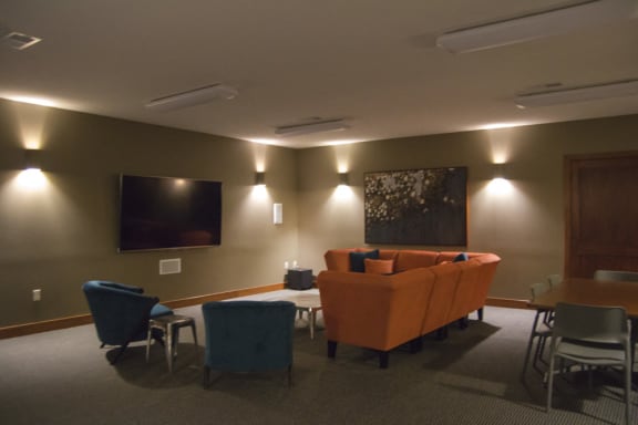 Theater room and storm shelter in the clubhouse at The Villas of Omaha at Butler Ridge in Omaha, Nebraska