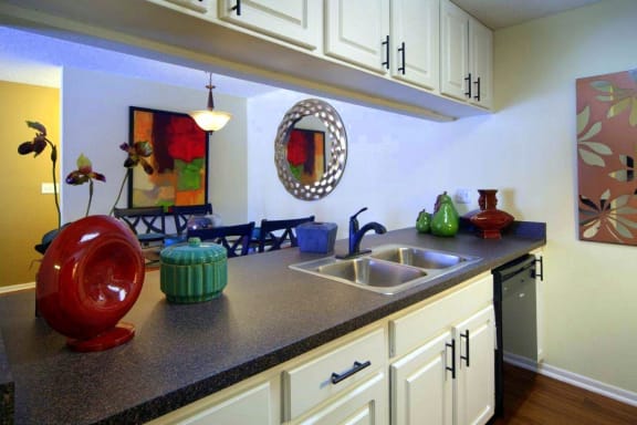 kitchen with white cabinets and black counter tops at Coral Club, Bradenton, Florida
