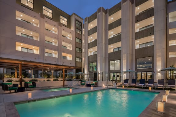 Sparkling Pool and Jacuzzi with Cabanas at The Mansfield at Miracle Mile, Los Angeles, 90036