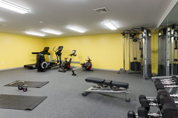 Fitness center with yoga/stretch area at 735 Truman, Massachusetts