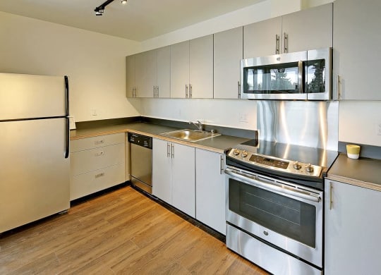 Updated L-shaped kitchen with fridge, dishwasher, sink, oven and microwave from left to right. All appliances are stainless steel and area has wood style flooring.