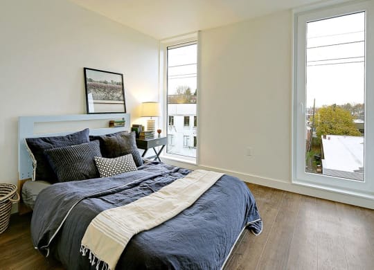 Large bedroom with 2 floor to ceiling windows. Bedroom can fit a queen or king sized bed.