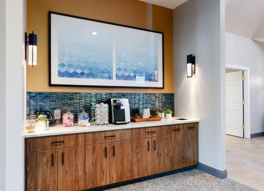 Coffee bar in the community clubhouse at The Northbrook Apartments in Lincoln, NE
