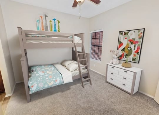Model bedroom with bunkbed and private bathroom