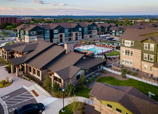 Aerial view of community at Windsor at Pinehurst, CO, 80235
