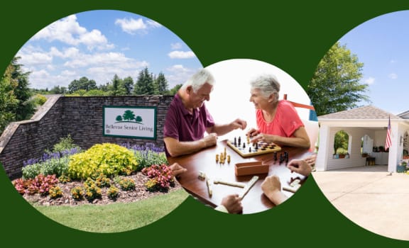 Woodward senior living banner with active seniors and exterior building
