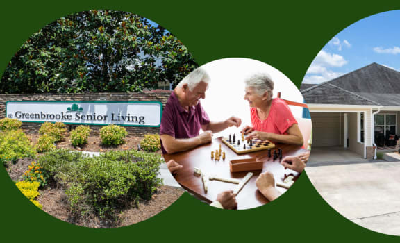 Greenbrooke senior living banner with active seniors and exterior building shot.