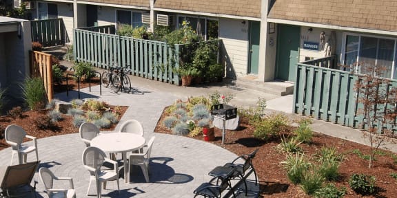 Banner image: Arial view of patio with low maintenance landscaping