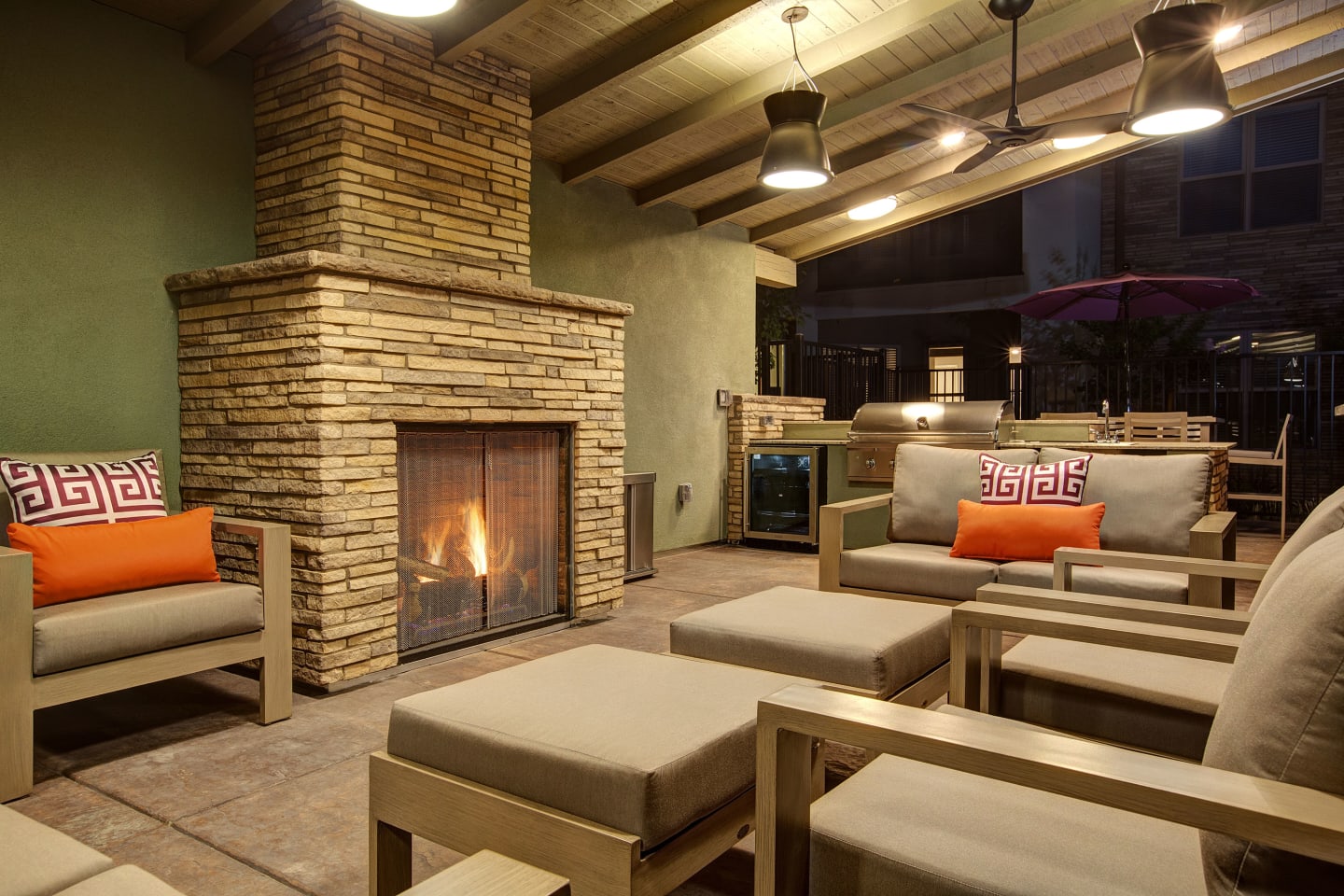 Outdoor Lounge with Fireplace | BDX at Capital Village in Rancho Cordova, CA 