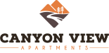 Orange and brown logo with the words Canyon View Apartments.