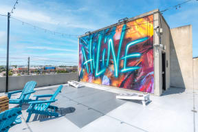 Rooftop Deck with Mural at Hiline Heights in Houston, Texas